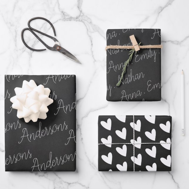 Elegant Black White Family Name Heart Christmas Wrapping Paper Sheet (Front)