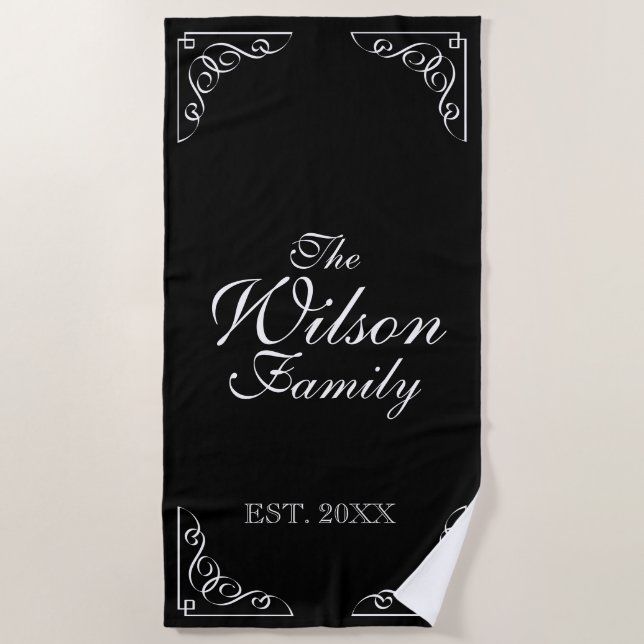 Elegant black & white family name year established beach towel (Front)