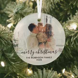 Elegant Black White Family Photo Merry Christmas Glass Ornament
