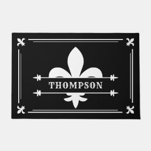 Elegant Black White Fleur de Lis Custom Name Doormat