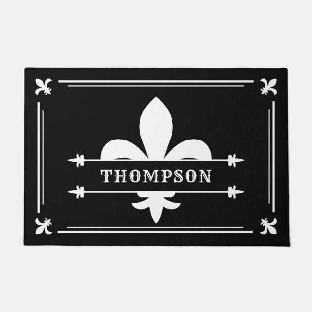 Elegant Black White Fleur de Lis Custom Name Doormat (Front)