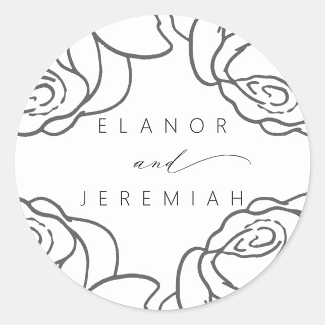Elegant Black White Floral Calligraphy Wedding Classic Round Sticker (Front)
