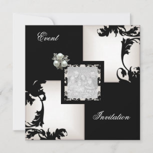 Elegant Black White Floral Check Pearl Jewel Invitation