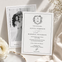 Elegant Black & White Floral Crest Photo Wedding