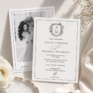 Elegant Black & White Floral Crest Photo Wedding Invitation