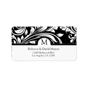 Elegant Black & White Floral Damask with Monogram Label