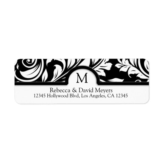 Elegant Black & White Floral Damask with Monogram Return Address Label