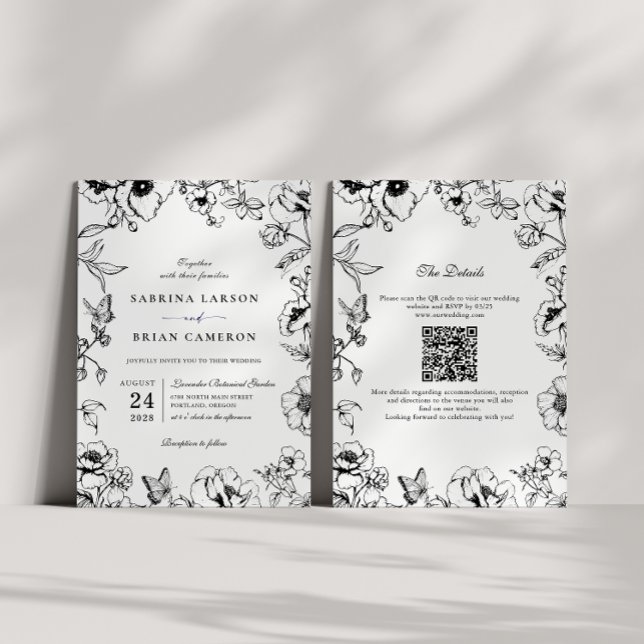 Elegant Black White Floral Garden QR Code Wedding Invitation (Creator Uploaded)