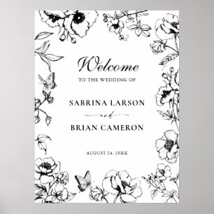 Elegant Black White Floral Garden Wedding Welcome Poster