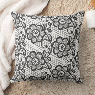 Elegant Black & White Floral Lace Pattern Throw Pillow