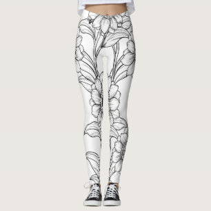 Elegant Black White Floral Line Art Pattern (2) Leggings