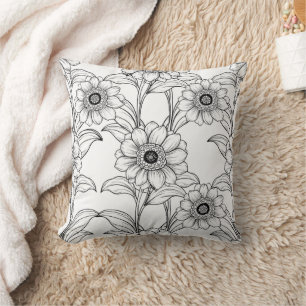 Elegant Black White Floral Line Art Pattern (2) Throw Pillow