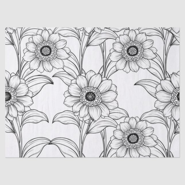 Elegant Black White Floral Line Art Pattern (2) Tissue Paper (Front)