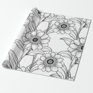 Elegant Black White Floral Line Art Pattern (2) Wrapping Paper