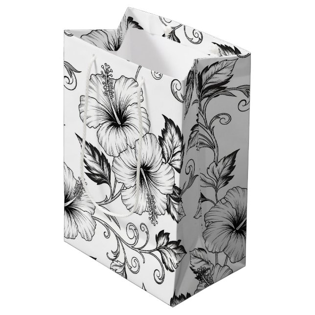Elegant Black White Floral Line Art Pattern (3) Medium Gift Bag (Front Angled)