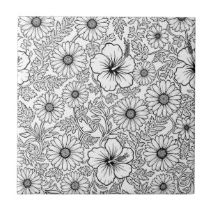 Elegant Black White Floral Line Art Pattern (4) Tile