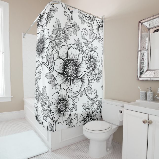 Elegant Black White Floral Line Art Pattern (5) (In Situ)