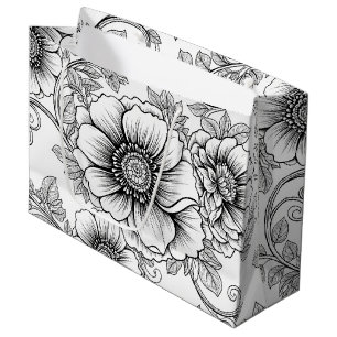 Elegant Black White Floral Line Art Pattern (5) Large Gift Bag