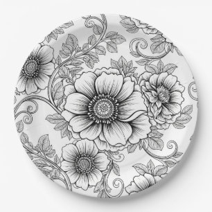 Elegant Black White Floral Line Art Pattern (5) Paper Plate