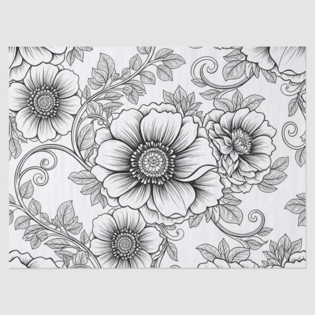 Elegant Black White Floral Line Art Pattern (5) Tissue Paper (Front)
