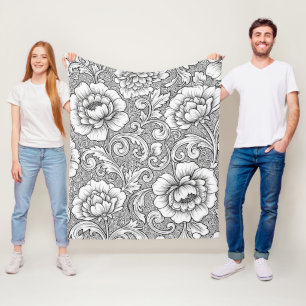 Elegant Black White Floral Line Art Pattern (6) Fleece Blanket