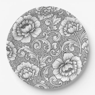 Elegant Black White Floral Line Art Pattern (6) Paper Plate