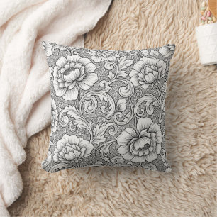 Elegant Black White Floral Line Art Pattern (6) Throw Pillow
