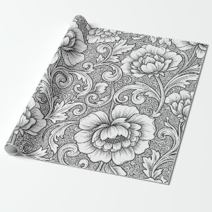 Elegant Black White Floral Line Art Pattern (6) Wrapping Paper