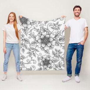 Elegant Black White Floral Line Art Pattern (7) Fleece Blanket