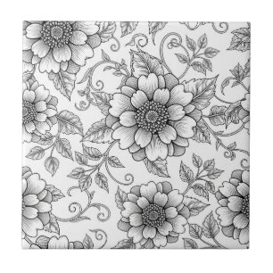 Elegant Black White Floral Line Art Pattern (7) Tile