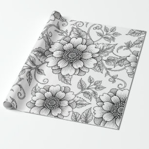 Elegant Black White Floral Line Art Pattern (7) Wrapping Paper