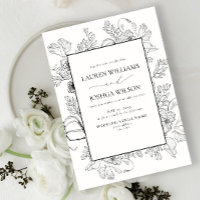 Elegant Black White Floral Line Art Wedding 