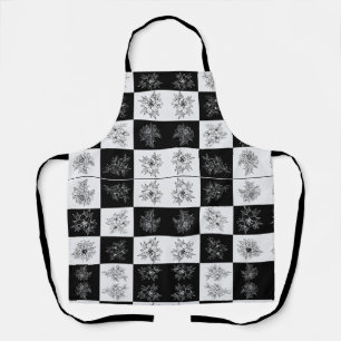 Elegant Black & White Floral Monochrome Chequered Apron