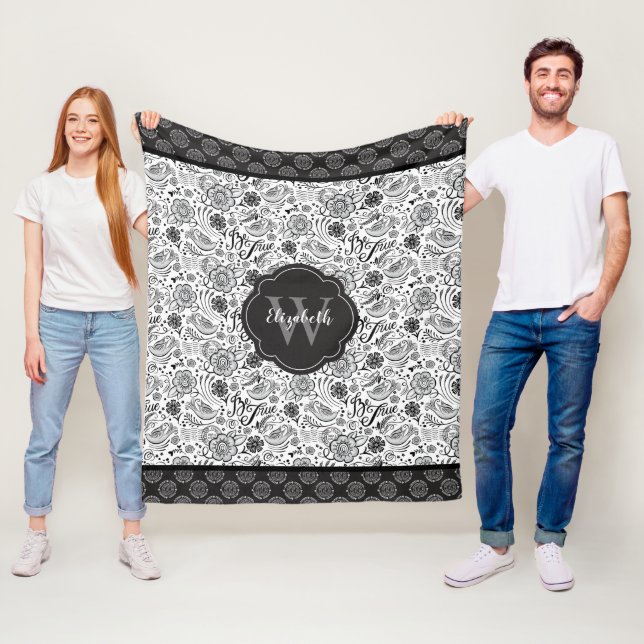 Elegant Black White Floral Monogram  Fleece Blanket (In Situ)