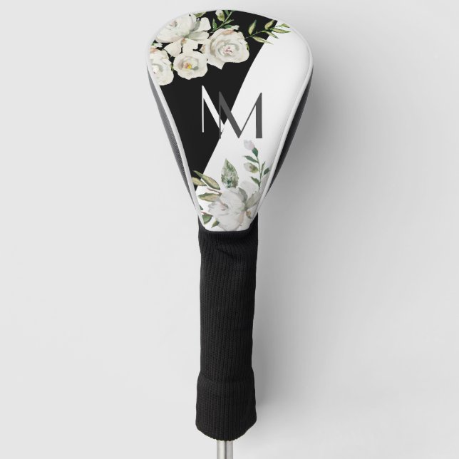 Elegant Black & White Floral Monogram Golf Head Cover (Front)