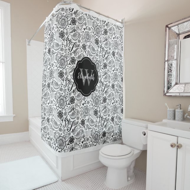 Elegant black white Floral Monogram Shower Curtain (In Situ)
