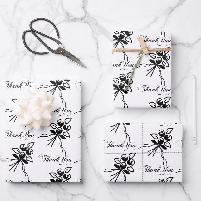 Elegant Black/ White Floral Motif Thanks Occasion Wrapping Paper Sheet (Front)