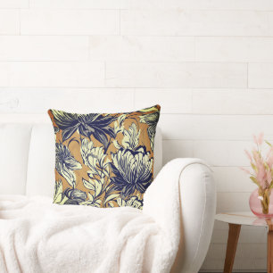Elegant Black & White Floral Pattern on Mustard Go Throw Pillow