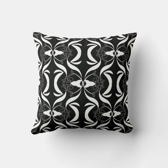 Elegant Black White Floral Pattern Style Throw Pillow (Back)