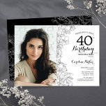 Elegant Black White Floral Photo 40th Birthday Invitation<br><div class="desc">Black white floral 40th birthday party invitation with your photo on the front of the card. Elegant modern design featuring botanical outline drawings accents and typography script font. Simple trendy invite card perfect for a stylish female bday celebration. Can be customized to any age. Printed Zazzle invitations or instant download...</div>