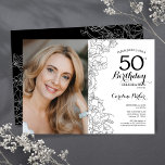 Elegant Black White Floral Photo 50th Birthday Invitation<br><div class="desc">Black white floral 50th birthday party invitation with your photo on the front of the card. Elegant modern design featuring botanical outline drawings accents and typography script font. Simple trendy invite card perfect for a stylish female bday celebration. Can be customized to any age. Printed Zazzle invitations or instant download...</div>