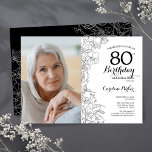 Elegant Black White Floral Photo 80th Birthday Invitation<br><div class="desc">Black white floral 80th birthday party invitation with your photo on the front of the card. Elegant modern design featuring botanical outline drawings accents and typography script font. Simple trendy invite card perfect for a stylish female bday celebration. Can be customized to any age. Printed Zazzle invitations or instant download...</div>