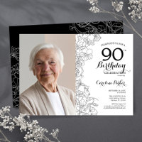 Elegant Black White Floral Photo 90th Birthday