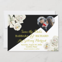 Elegant Black White Floral Photo Wedding Save Date