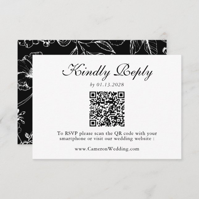 Elegant Black White Floral QR Code Wedding RSVP  (Devant / Derrière)