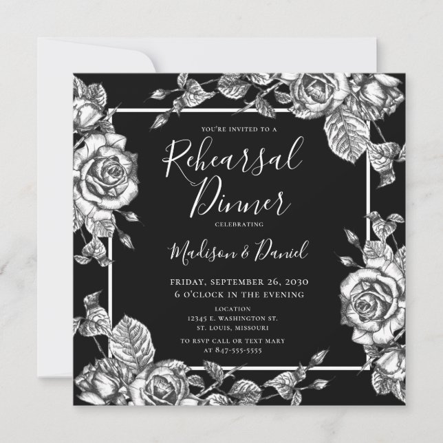 Elegant Black White Floral Rehearsal Dinner Invitation (Front)