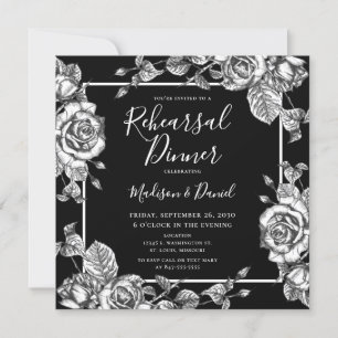 Elegant Black White Floral Rehearsal Dinner Invitation
