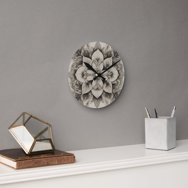 Elegant Black & White Floral  Round Clock (Office)