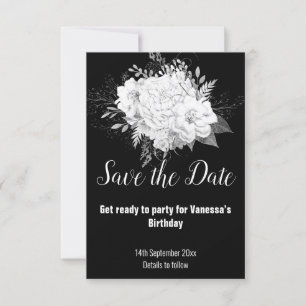 ELEGANT BLACK WHITE FLORAL SAVE THE DATE RSVP CARD