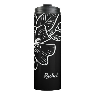 Elegant Black & White Floral Stylish Custom Name Thermal Tumbler